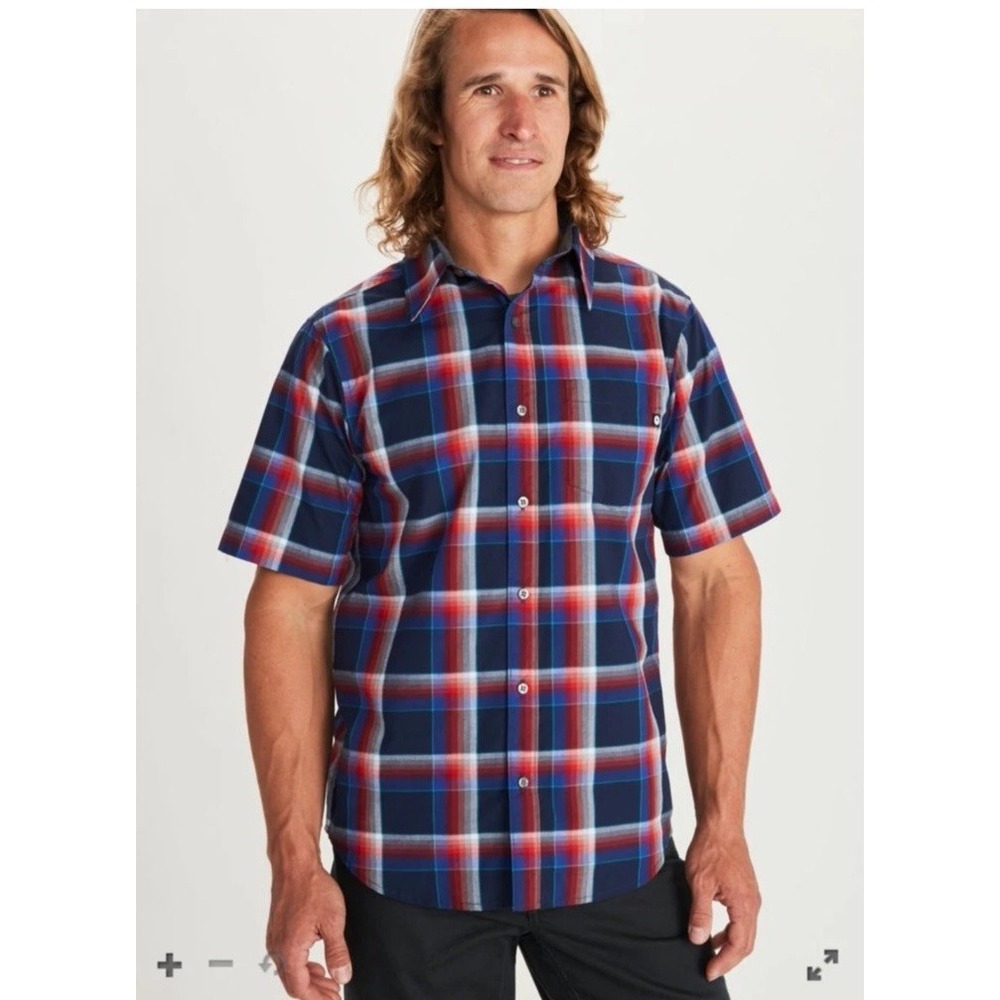 Marmot Meeker Plaid Short-Sleeve Recycled Materials Woven Shirt Arctic Navy M